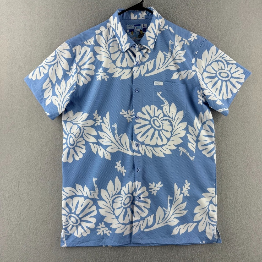 Retro Rifle Shirt Mens Large Blue Hawaiian Stretch Button Up Guns War Dogs